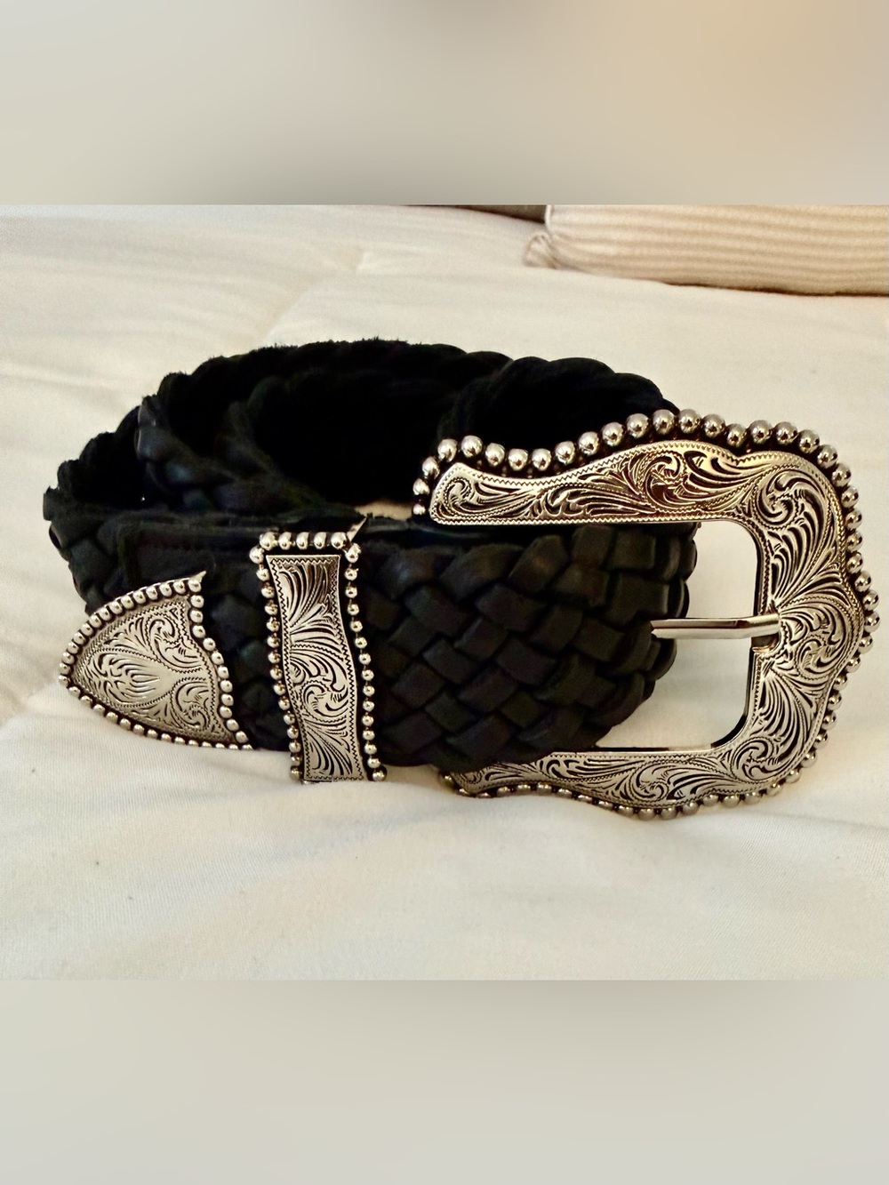 B-Low the Belt Black Braided Leather Western Belt Engraved Silver Buckle S/M - Picture 1 of 7